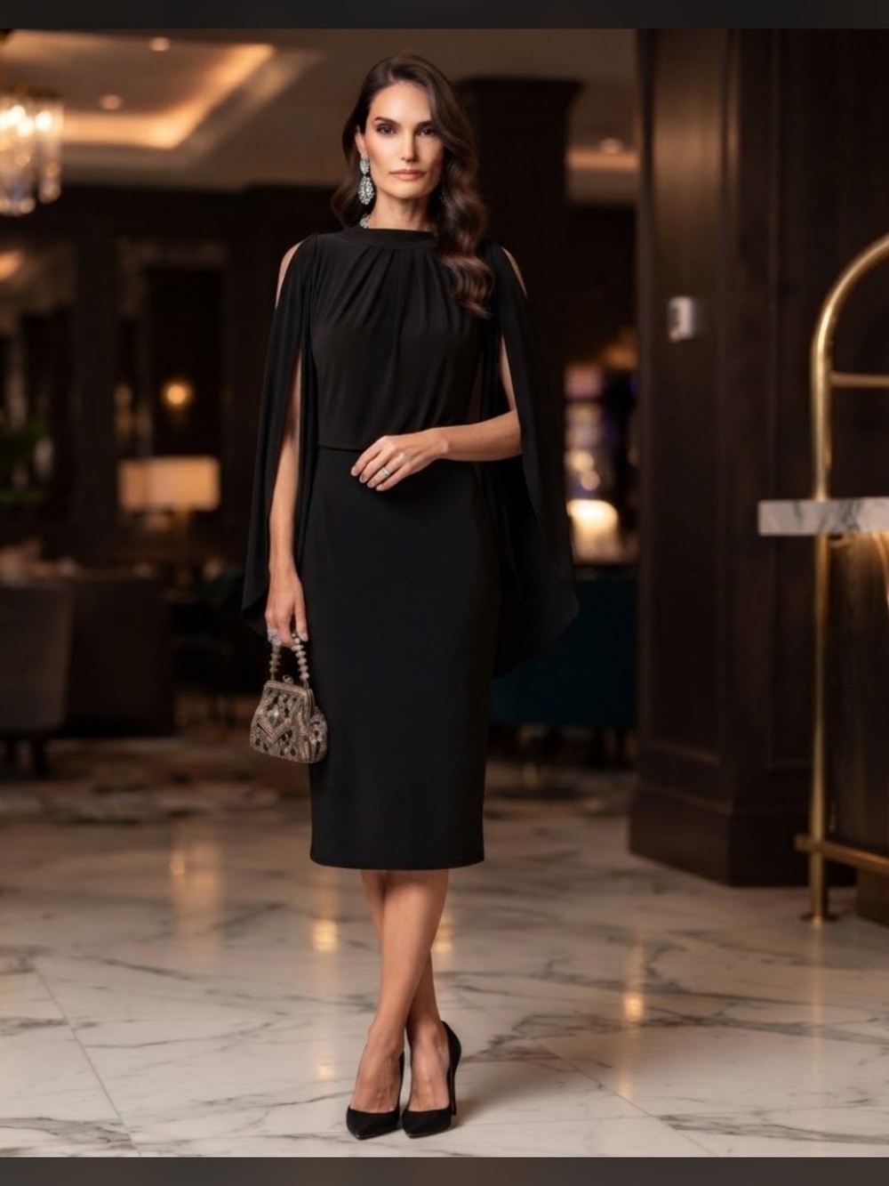 Symphony Plus Black Cold Shoulder Midi Dress with Cape Sleeves Size 14-16